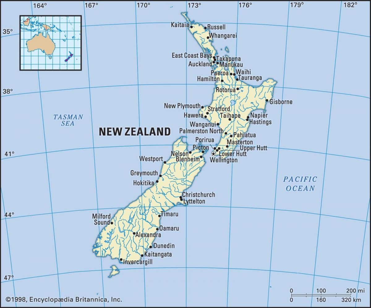 Mappa della Nuova Zelanda con le principali città