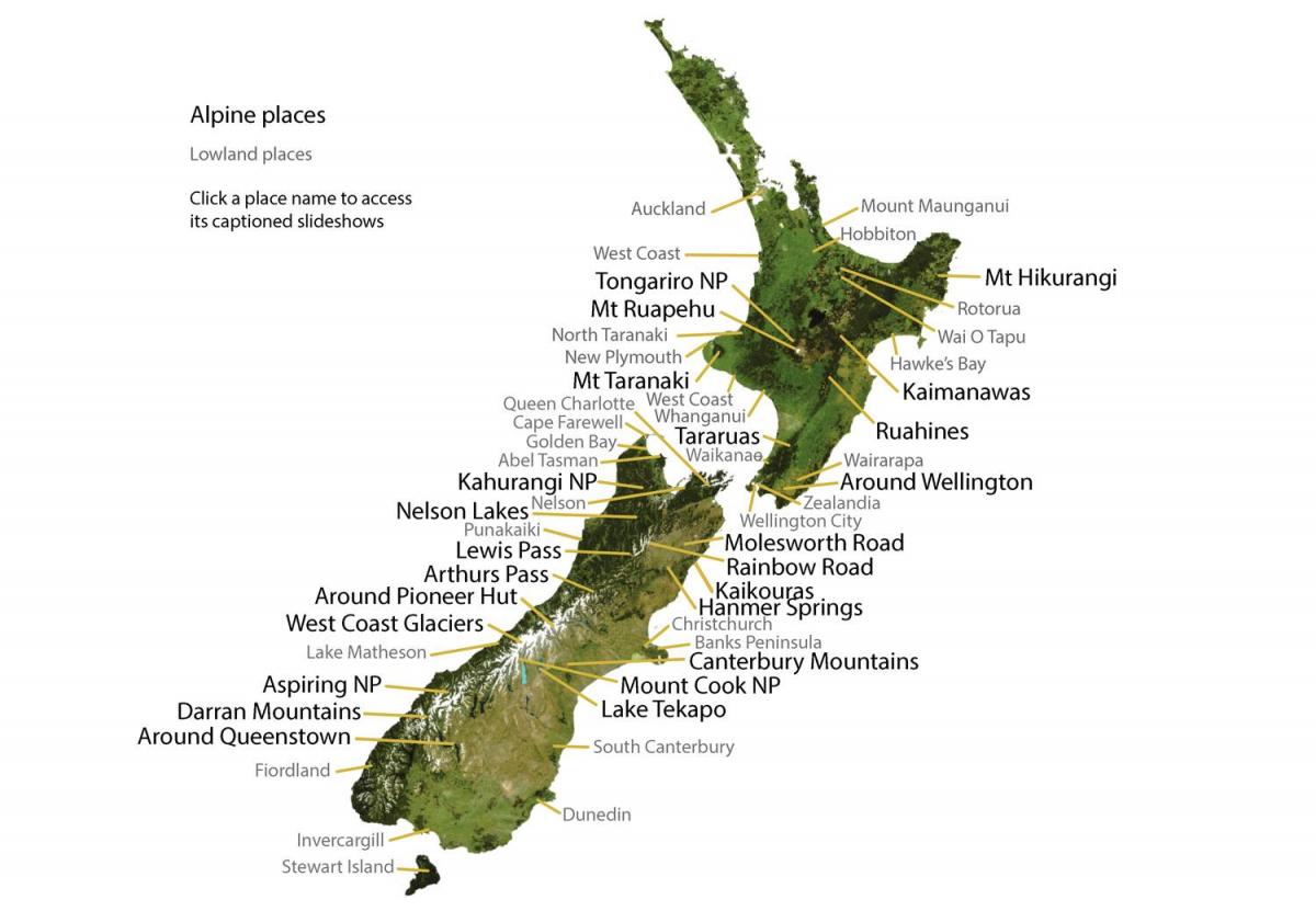 Montagne in Nuova Zelanda mappa