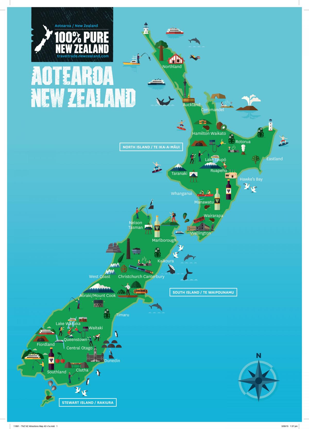 Mappa delle attrazioni turistiche della Nuova Zelanda