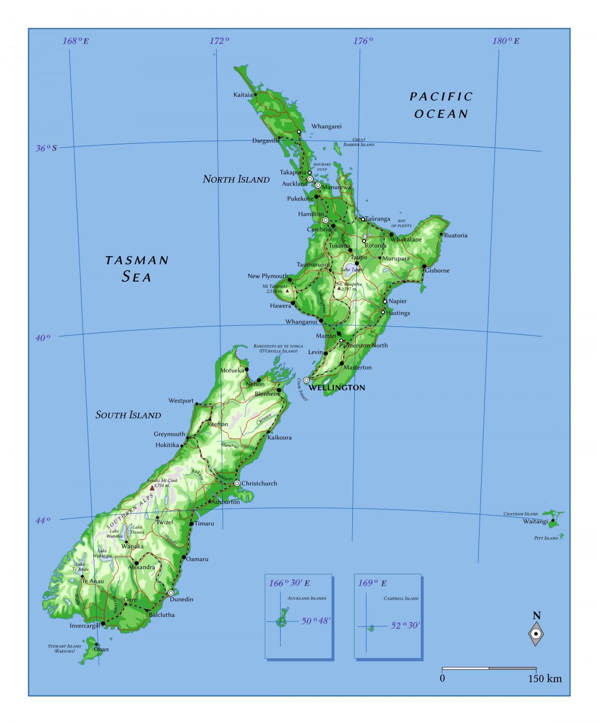 Mappa altimetrica della Nuova Zelanda