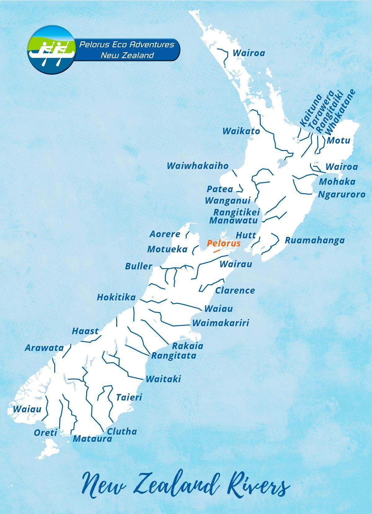 Mappa dei fiumi in Nuova Zelanda